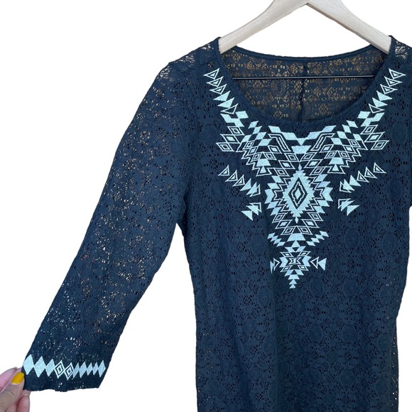 Express Womens Large Mini Dress Lace Sheer Sleeve Boho Cottage Core Summer Beach - Picture 4 of 8